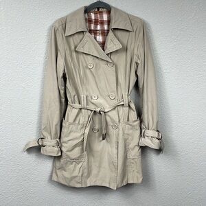 Vintage Naf Naf Paris Belted Double Breasted Trench Coat Khaki Tan Sz 42